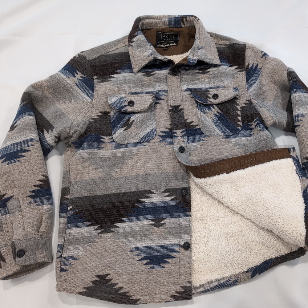 Jachs New York Jacket Mens L Gray Blue Aztec Wool Blend Faux Fur Lined Cabin